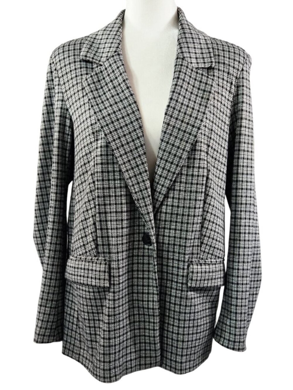 Sanctuary Gray Black Plaid One Button Oversized Knit Blazer Preppy
